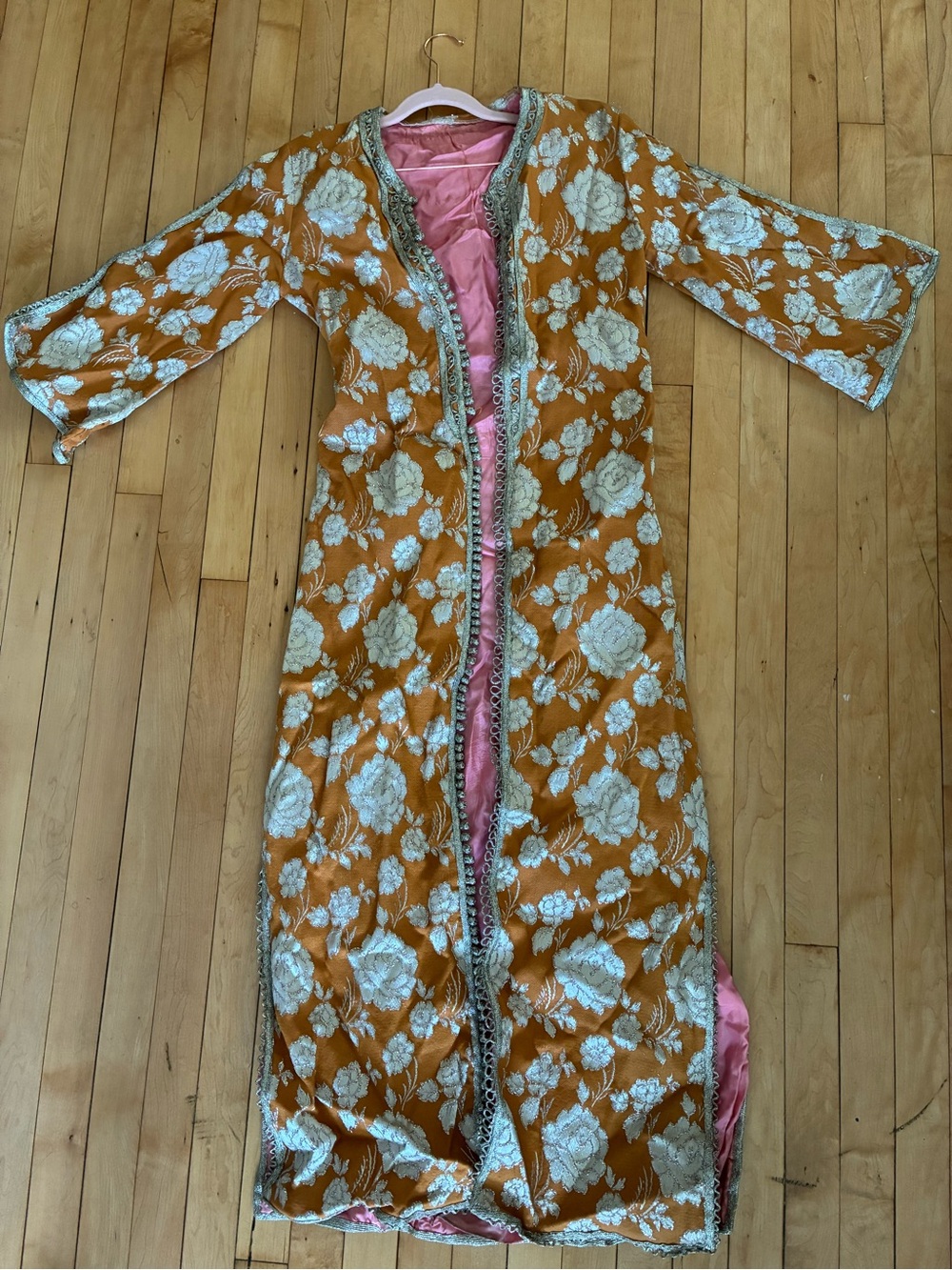 Gold Floral Brocade Long Coat with Pink Lining
